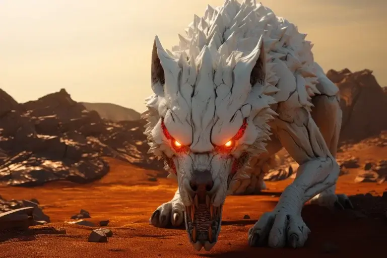 White monster robotic wolf with fire eyes